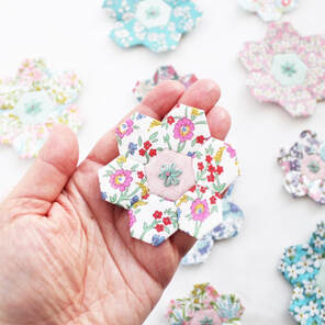 tiny hexagon flower English paper piecing liberty fabric